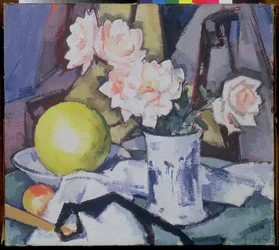 Blue and White Vase, Roses, Melon and Orange